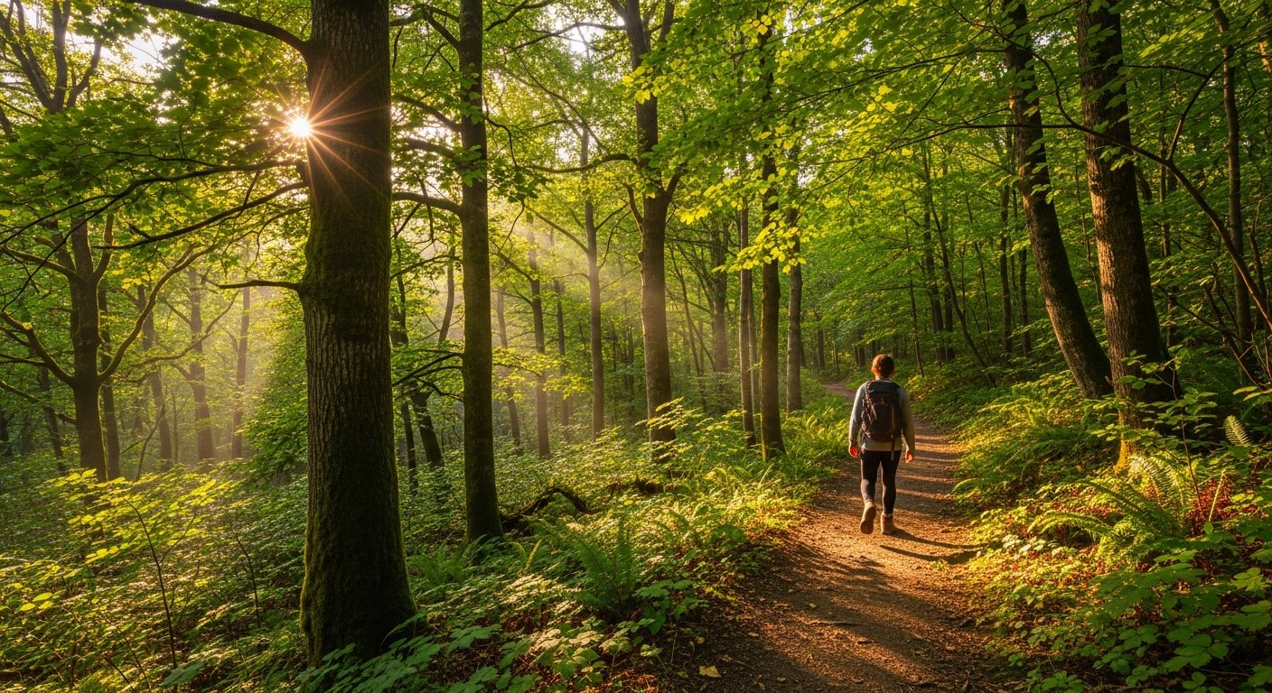 Person walking along a sunlit tree-lined path at dawn representing transformation and new beginnings