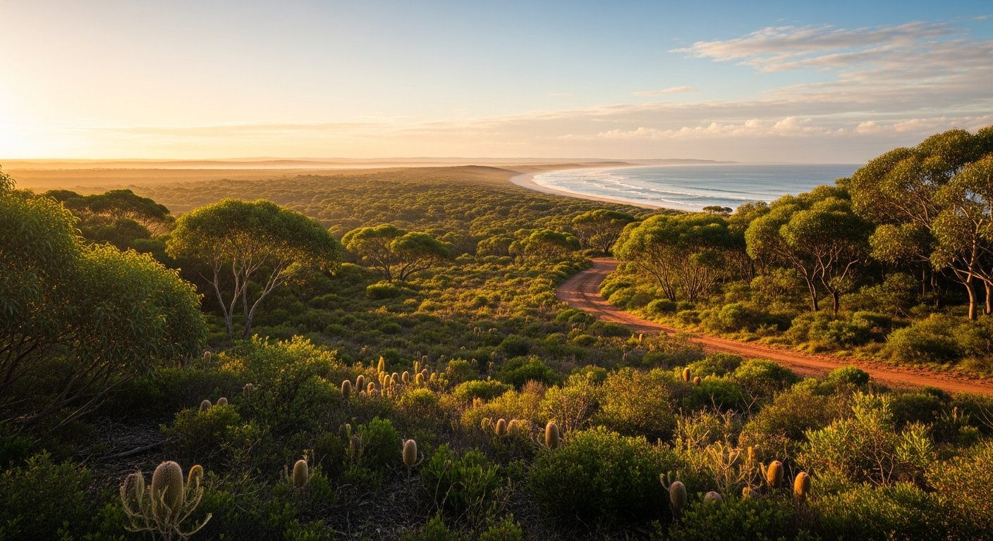 Serene Australian dawn landscape with golden sunrise light over calm bush horizon