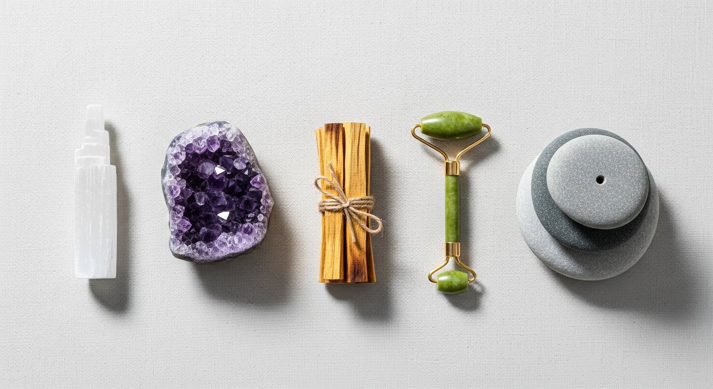 Five natural wellness objects arranged on linen surface representing the five pillars of health